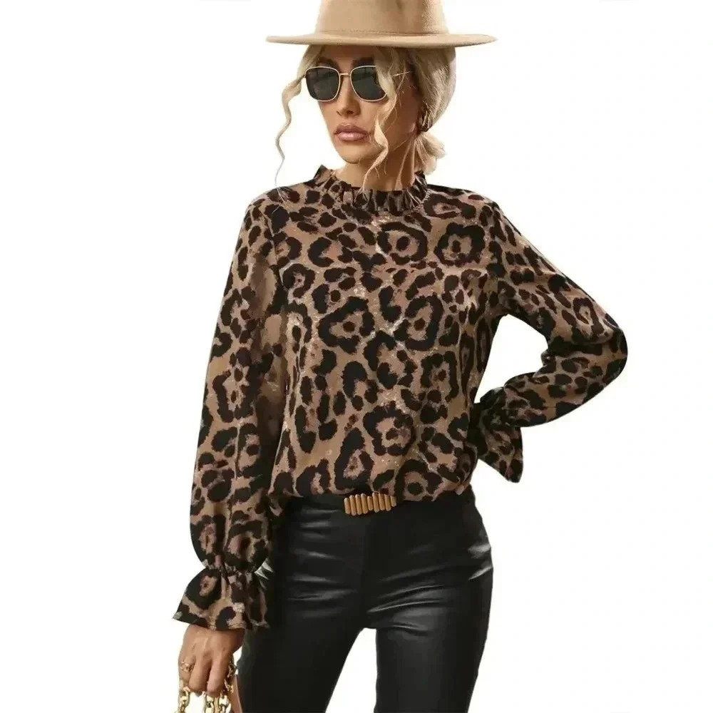 Leopard Print Blouse Ruffle Neck Ruffle Cuffs Long Sleeve Pullover NWT